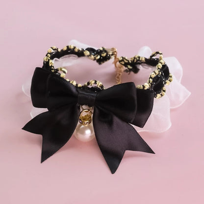 Romantic Summer Dog Collar Bow Tie Pearl Lace Party Cat Necklace for Small Puppy Luxury Designer Chihuahua Pet Neck Accessories