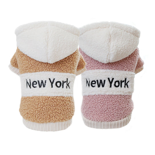 Fashion Patchwork Dog Hoodies "New York" Thick Warm Fleece Dog Hooded Coat Winter Dog Clothes for Small Medium Dogs Pet Apparel