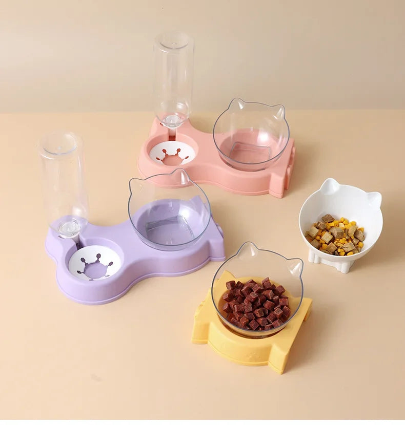 Pet Cat Food Bowl Automatic Feeder All-in-One Splice Dog Cat Food Bowl and Drinking Fountain Drinking Raised Standing Dish Bowl