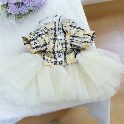 Yellow Ribbon Dresses for Dogs Sweet Dream Princess Autumn Pet Skirt French Bulldog Overalls Lattice Yellow Warm Cat Clothing