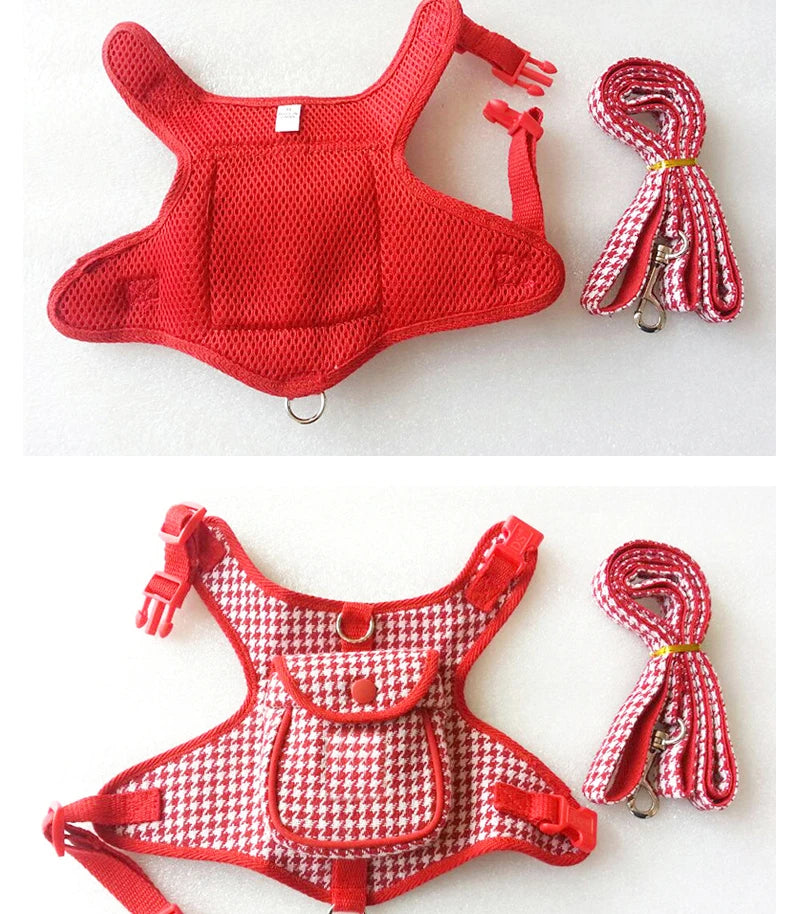 Houndstooth Small Vest PetDog Backpack Harness With Pocket Leash Lead Set Outdoor Pet Collar Walking Puppies Cats Carrier Bags