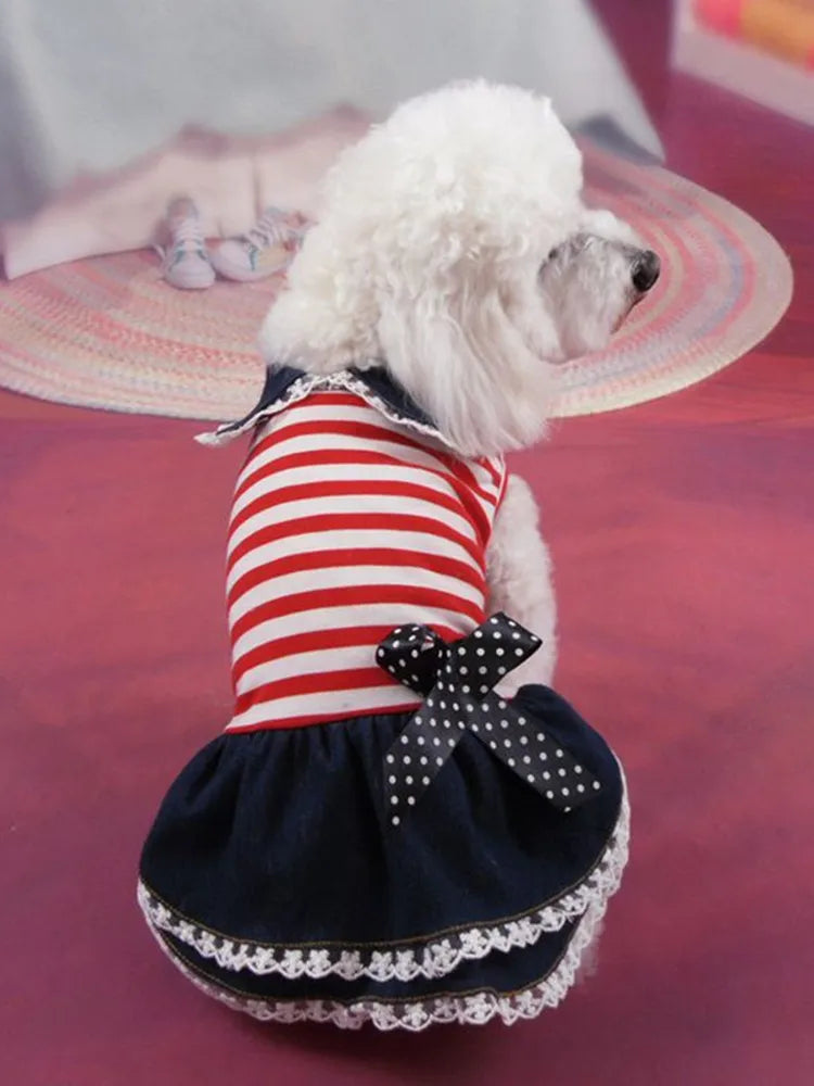 Puppy Dog Pet Stripe Costume Princess Dress Lace Pleated Lapel Stripe Bownot Princess Dress Denim Skirt XS-L Pet Supplies