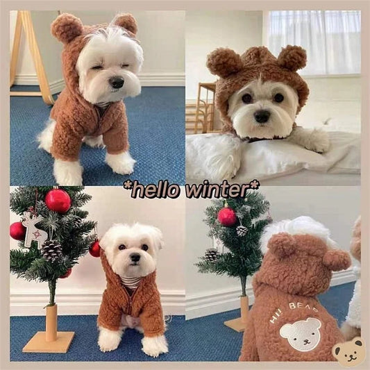 Super Warm Pet Winter Clothes Cosplay Costume Bear Shaped Outfits for Small Medium Puppy New Year Double Fleece Cat Clothing