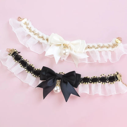 Romantic Summer Dog Collar Bow Tie Pearl Lace Party Cat Necklace for Small Puppy Luxury Designer Chihuahua Pet Neck Accessories