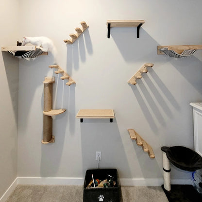 Cat Tree Cat Wall Mounted Climbing Wooden Shelves Posts Ladders with Hammock and Cat House Cat Bridge for Kittens Perch Sleeping
