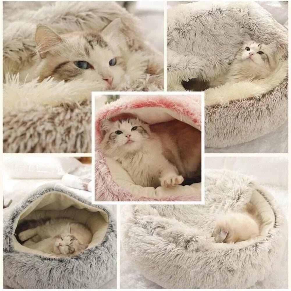 Long Soft Plush Round Cat Bed Comfortable Warm For Small Dogs Winter Sleep Bag Cats Nest Round Semi Enclosed Plush Pet Cat Bed