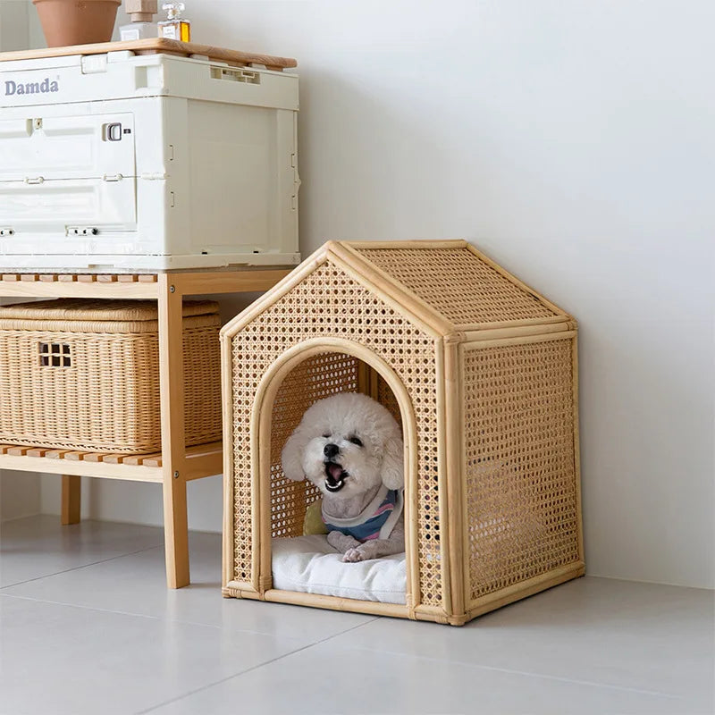 House Pet Bed Roof Kennel Rattan Cat Cat Bed Kitten Puppy Handmade Rattan Bed ins Korean Natural Rattan