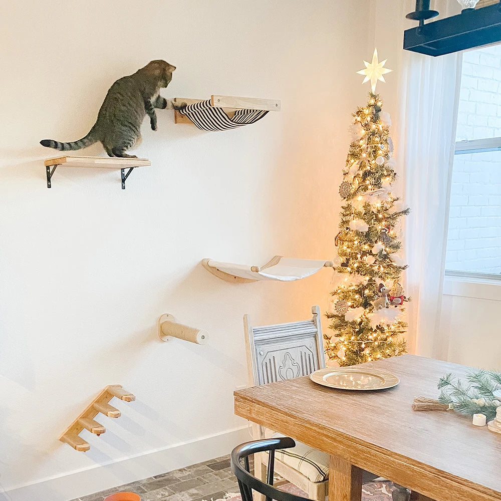 Cat Tree Wall Mounted Cat Climbing Bridge with Scratching Post and Cat Hammock Sisal Ladder for Kitten Playing and Rest
