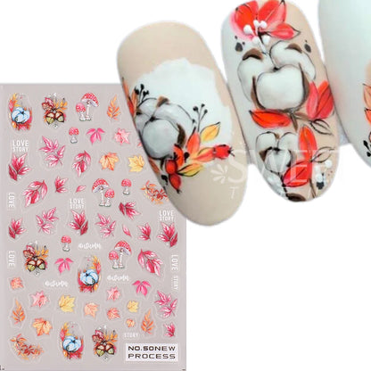 2pcs/set Autumn Maple Leaf Nail Art Sticker Bird Cotton Squirrel Mushroom Pumpkin Design Nail Decal Sliders Manicure Decoration