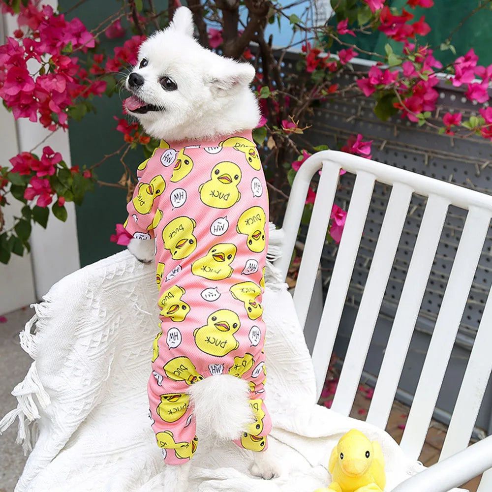 Dog Jumpsuit Puppy Dog Onesies Clothes Cat Dog Soft Pajamas Cute Duck Printed Pet Shirt Bodysuits for Teddy Pomeranian Apparel