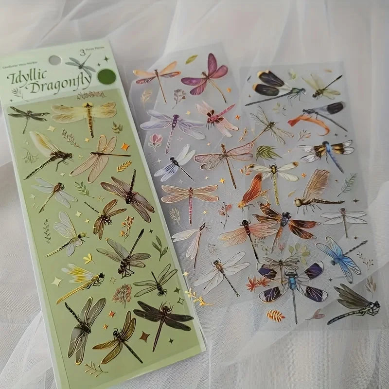 Shimmering 3D Gilding Sticker Set - Dragonfly, Jellyfish & Feather Designs - 3 Sheets/pack - Premium PET Decor for Notebooks, Sc