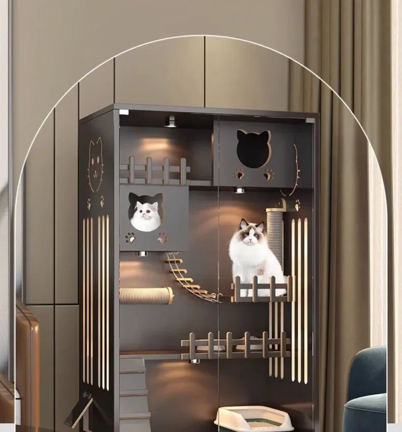 Retro Solid Wood Cat Cage for Living Room Cat House Two-layer One-piece Movable Light Luxury Creative  Cage for Cats