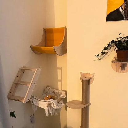 Cat Tree Wall Mounted Cat Climbing Wooden Shelves Cat Hammock and Scratching Post Cat Wall Indoor Furniture for Perch and Rest