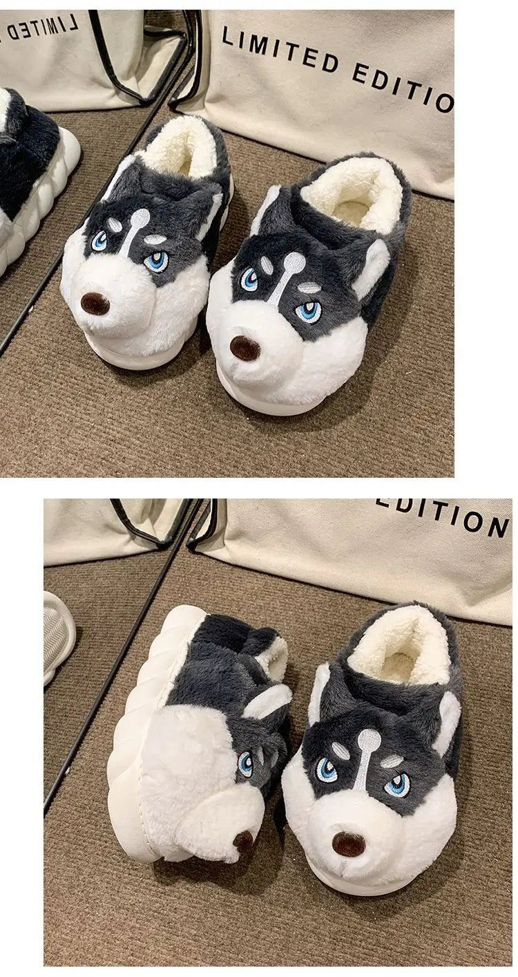 Winter Home Couple Shoes Women's Fluffy Dog Slippers Girl Animal Fur Slides Kawaii Funny Furry Shoes Woman Plush Booties Slipper