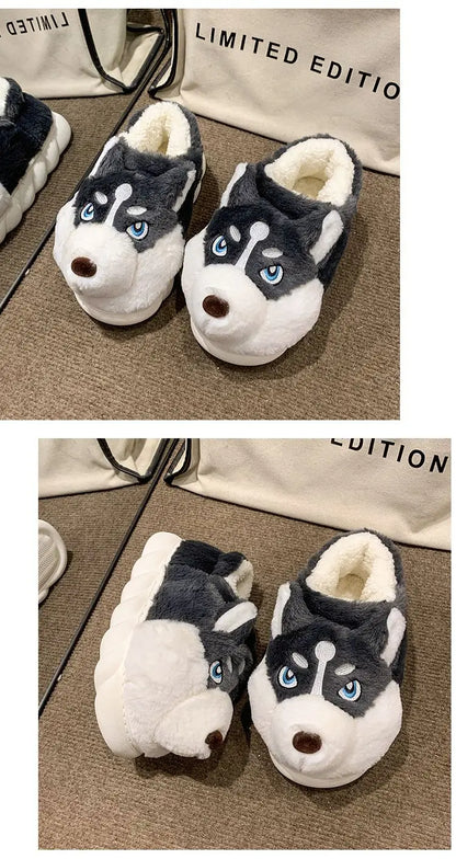 Winter Home Couple Shoes Women's Fluffy Dog Slippers Girl Animal Fur Slides Kawaii Funny Furry Shoes Woman Plush Booties Slipper