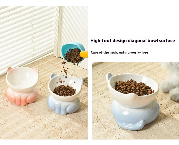 Cat Bowl Ceramic High Foot Diagonal Mouth Neck Protection Cat Food Bowl Large Diameter Drinking Bowl Anti Overturning Cat Food B