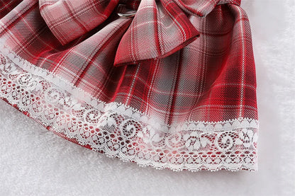 Plaid Dog Dress Bowtie Harness Dress for Small Dogs Cats Girl Cute Lace Trim Princess Dresses Spring Summer Puppy Rabbit Clothes