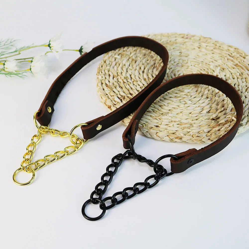 Dog Choke Collar Genuine Leather Dog Collar Dog Choking Chain Collar Stainless Steel Chain No Pull Dog Leather Training Collar