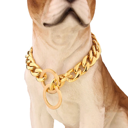 Dog Chain Collar Silvery Golden 15MM Width Cuban Link Chain for Dogs Strong Smooth Stainless Steel Metal Pet Training Slip Chain