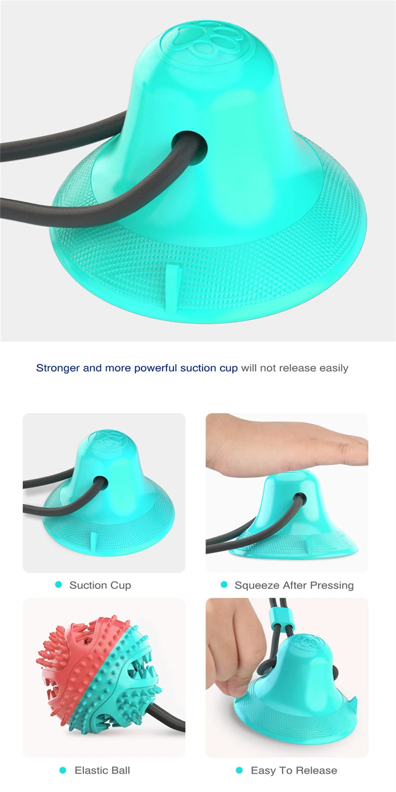 Dog Tug of War Toy Chew Toy Slow Feeder Food Dispenser Sounding Interactive Toy Firmly Suction Cup Toothbrush Durable Molar Ball