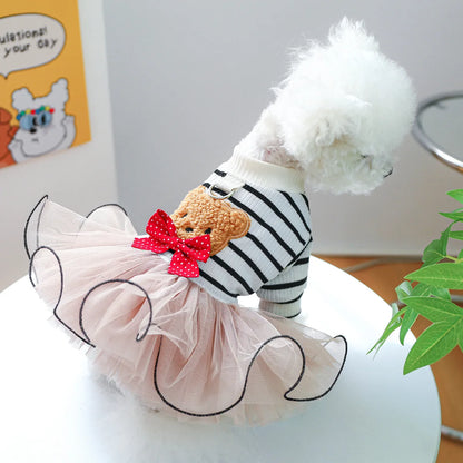 Cute Bear Stripe Dog Dress for Small Dogs, Luxury Tiered Layer Tulle Tutu Dress Princess Skirt Spring Autumn Puppy Pet Clothes