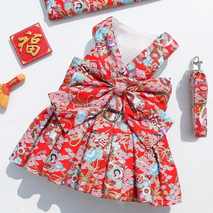 2023 New Pet Dog Harness and Leash Vest Breathable Checked Bowknot Cat Dress Teddy Bichon Dog Clothes Spring and Summer Outdoor