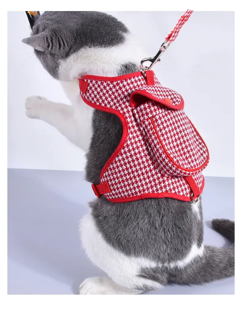 Houndstooth Small Vest PetDog Backpack Harness With Pocket Leash Lead Set Outdoor Pet Collar Walking Puppies Cats Carrier Bags