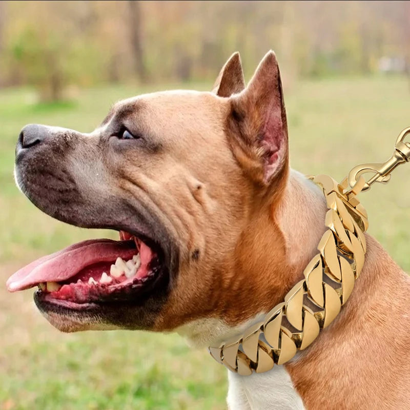Strong 32mm Wide Gold Dog Chain Collars  Heavy Stainless Steel Dogs Choker Pitbull Gold Dog Necklace For Large Huge Dogs
