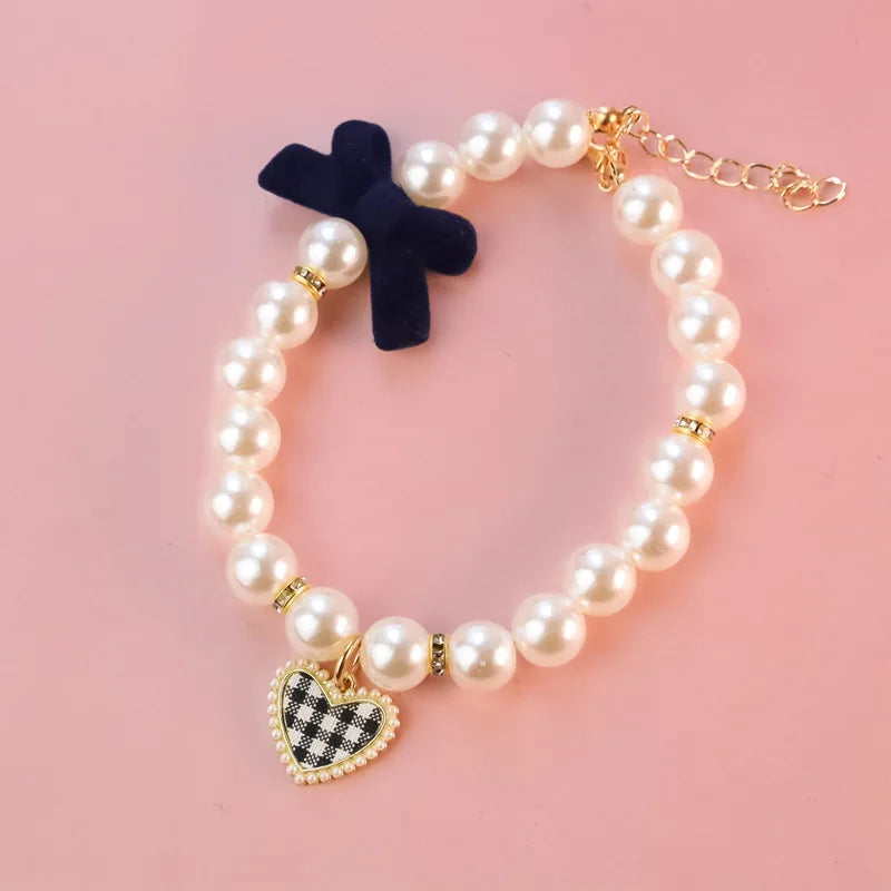 Plaid Heart Pet Dog Collars Chihuahua Jewelry Necklace for Pets Adjustable Kitten Pearl Neck Wear Medium Dog Cats Pet Products