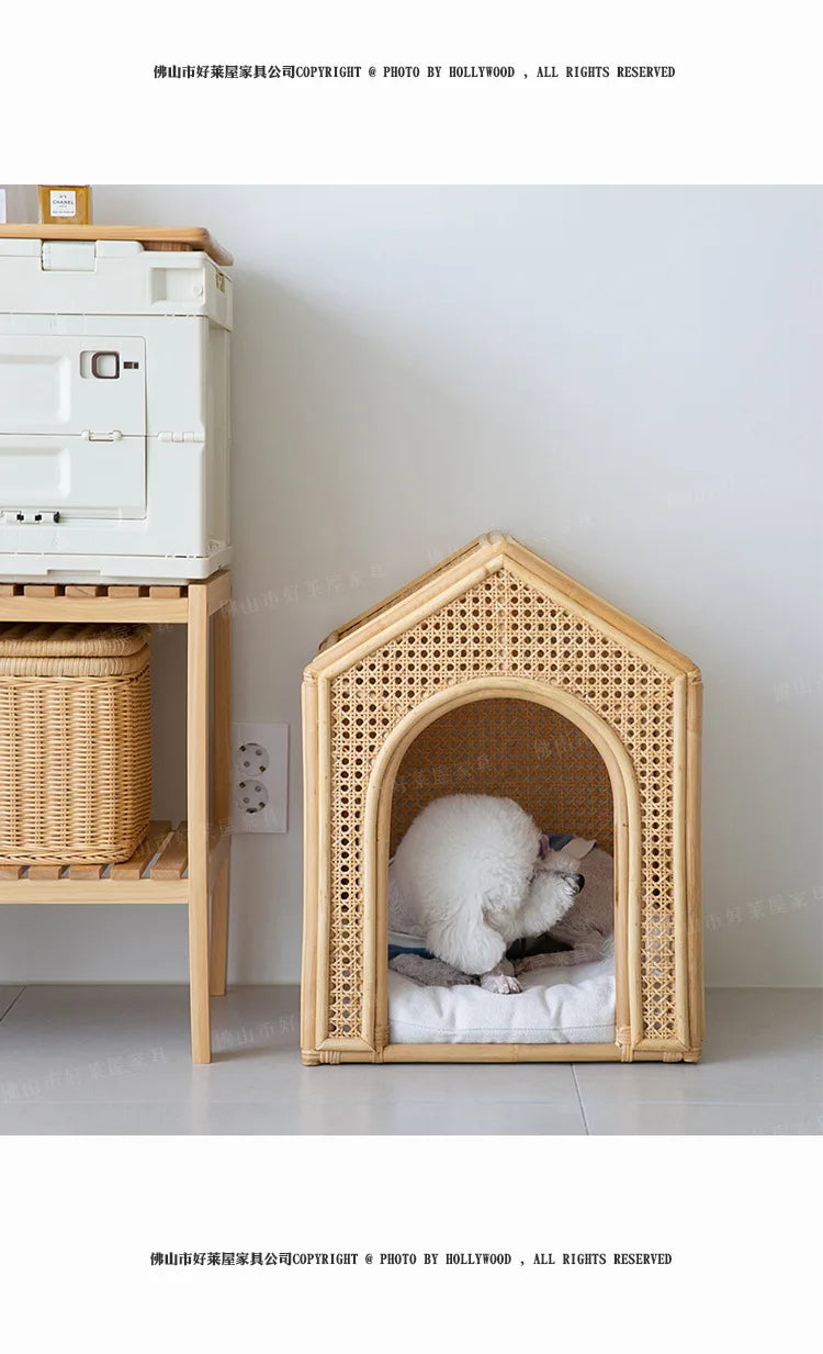 House Pet Bed Roof Kennel Rattan Cat Cat Bed Kitten Puppy Handmade Rattan Bed ins Korean Natural Rattan