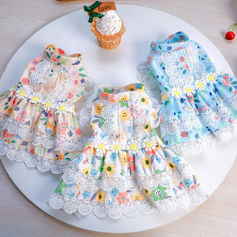Cute Floral Puppy Dog Cat Princess Lace Dress Skirt Summer Pet Dresses for Small Dogs Poodle Pomeranian mascotas Clothes vestido