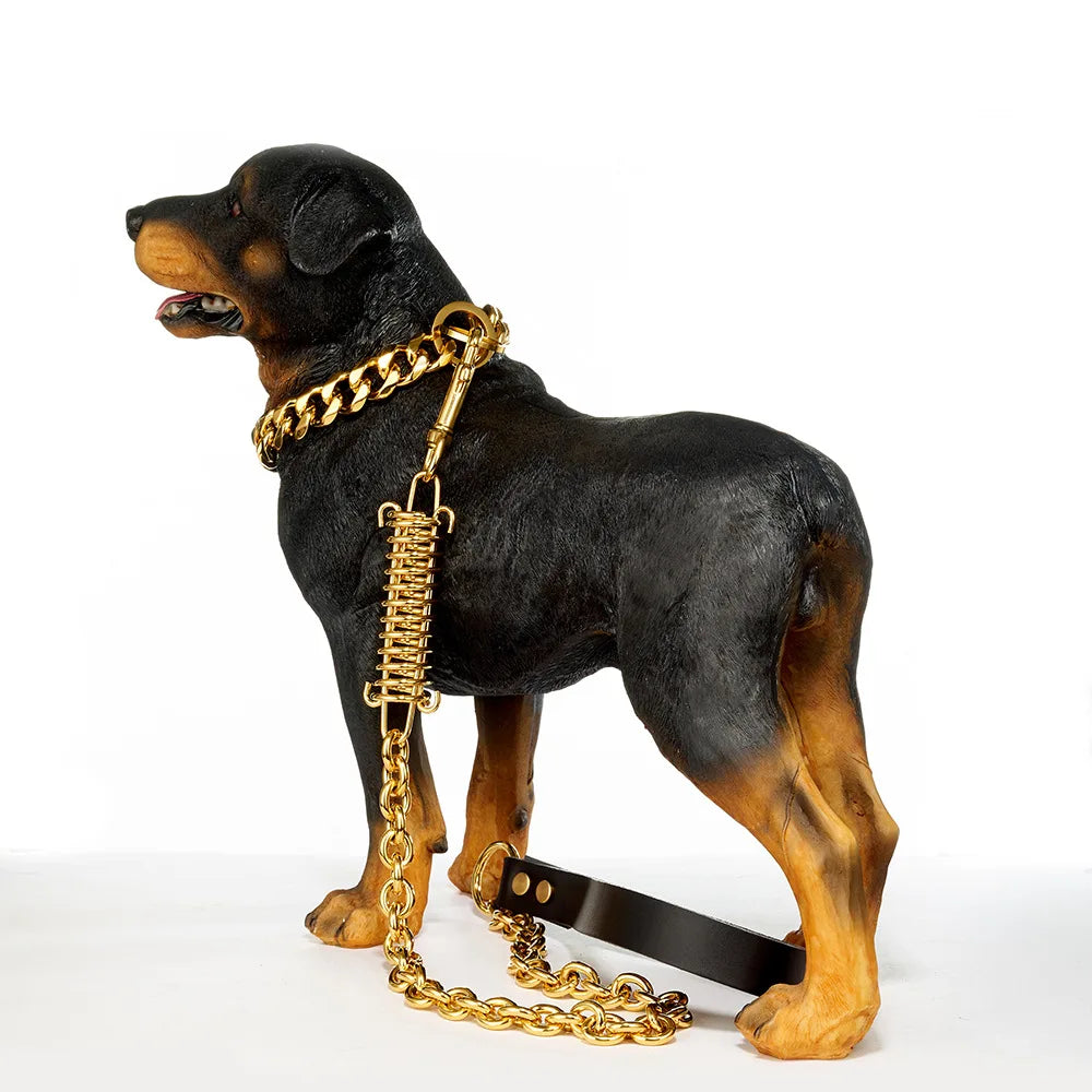 Stainless Steel Dog Chain Leash Cuban Link Luxury Gold Chain Buffer Spring Labor-Saving Genuine Leather Handle for Large Dogs