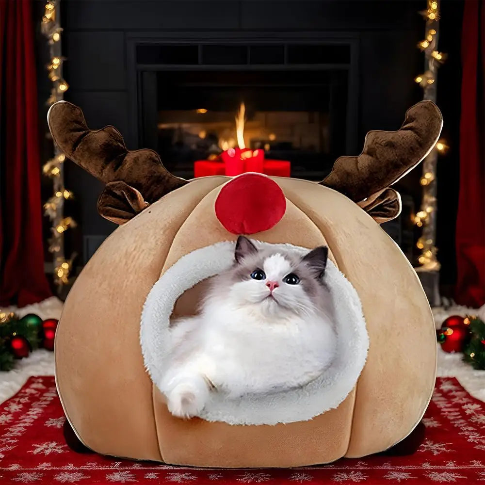 Christmas Winter Cat Cave Bed Dog Tent Christmas Reindeer Tent Washable Removable Cushion for Indoor Small Dogs And Cats