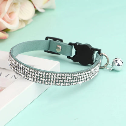 Suede Leather Cat Collar Bling Rhinestone Cats Collars with Bell Safety Breakaway Pet Puppy Necklace Adjustable XS S Pink Soft