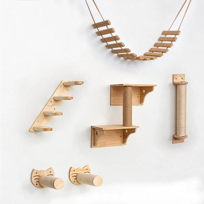 Wall Mounted Cat Climbing Shelves Cat House Cat Bridge Cat Double Platform with Scratching Post and Pedals Stairway for Kittens