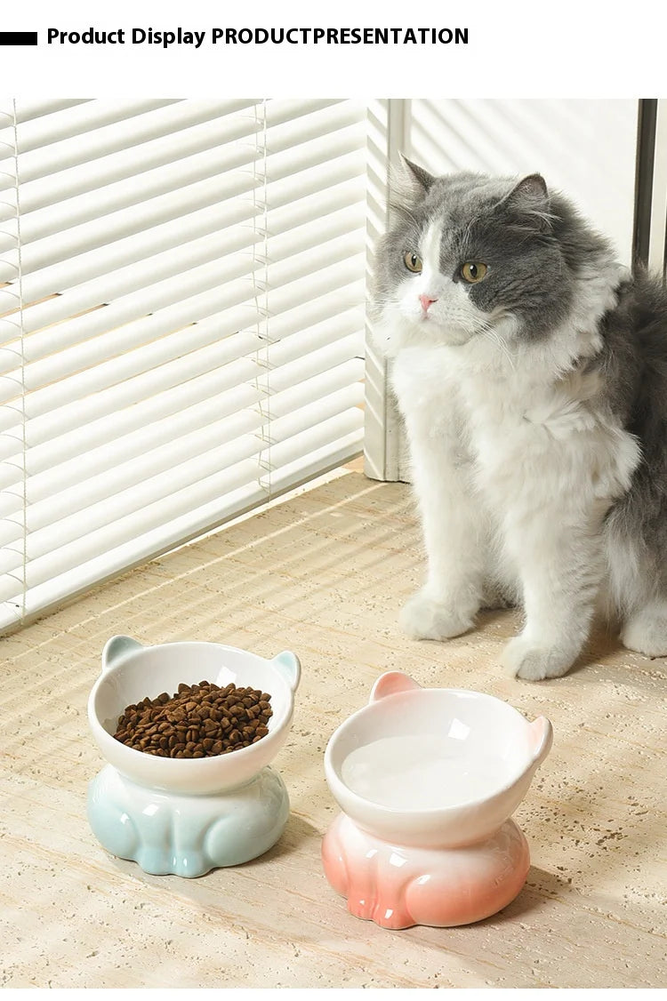 Cat Bowl Ceramic High Foot Diagonal Mouth Neck Protection Cat Food Bowl Large Diameter Drinking Bowl Anti Overturning Cat Food B