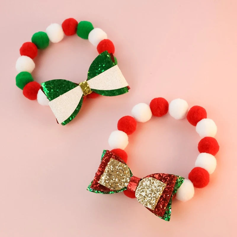 Christmas Necklace for Pet Dogs Sequins Bow Knot Candy Green Fluffy Chihuahua Small Puppy Collars Designer Fancy Cat Accessories