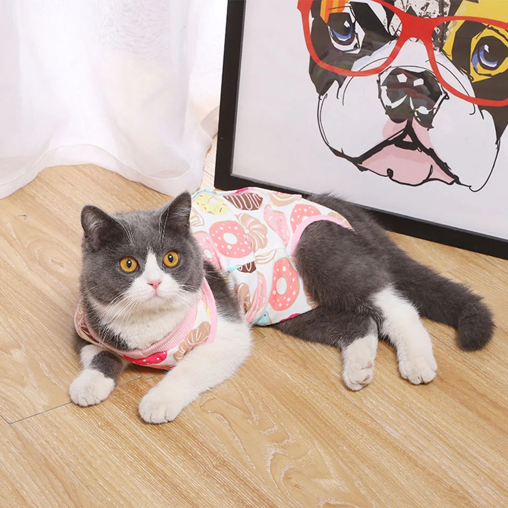 Cat Sleeveless Shirt Cat Recovery Suit Breathable E-Collar Alternative Vest for Cat Small Puppy Cute Printed Cotton Pet Clothes