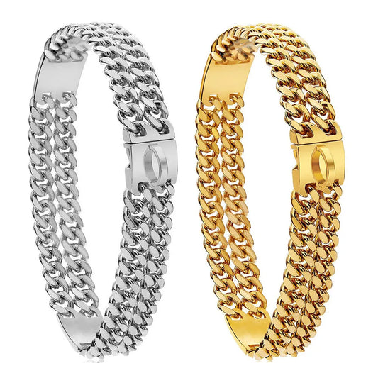 Strong Dog Double Chain Collar 2 Row Gold Cuban Link Stainless Steel Dog Training Collar Pet Metal Collar For Medium Large Dogs