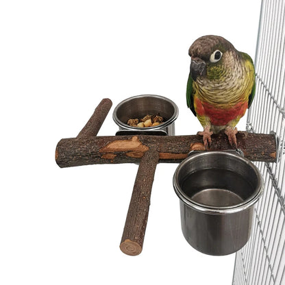 1Set Stainless Steel Birds Parrot Feeder Bowl Round Small Pet Natural Wood Stand Food Water Drinking Feeding Bowl