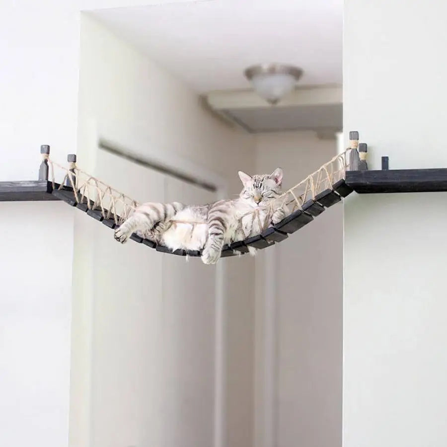 Cat Wall Cat Tree Wooden Climbing Shelves Cat Hammock Bridge with Sisal Ladder and Platform for Kitten Pet Furniture Playground