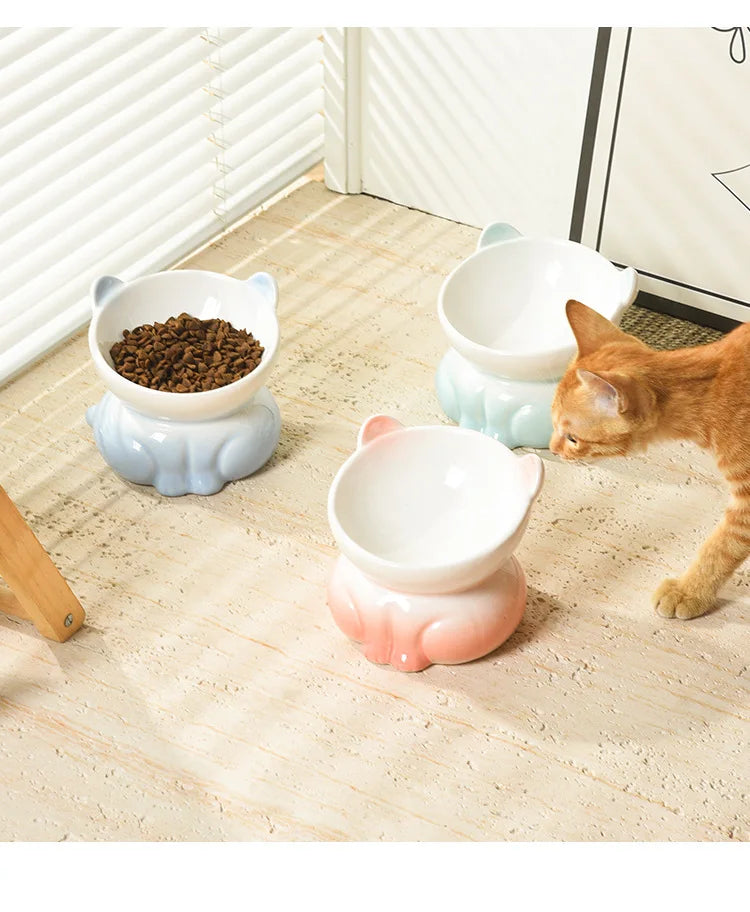 Cat Bowl Ceramic High Foot Diagonal Mouth Neck Protection Cat Food Bowl Large Diameter Drinking Bowl Anti Overturning Cat Food B