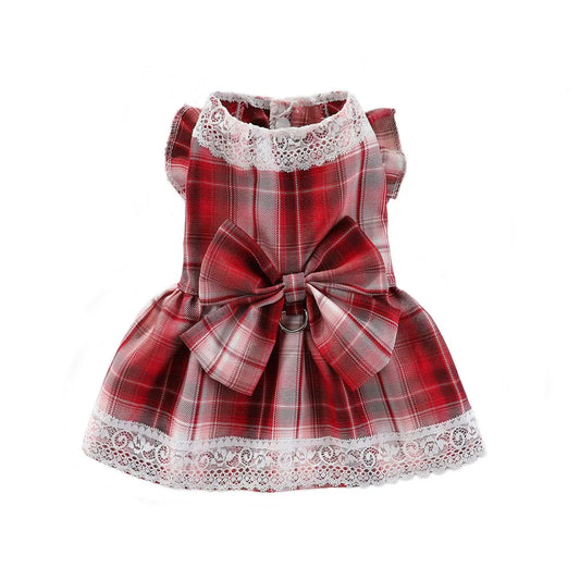 Plaid Dog Dress Bowtie Harness Dress for Small Dogs Cats Girl Cute Lace Trim Princess Dresses Spring Summer Puppy Rabbit Clothes