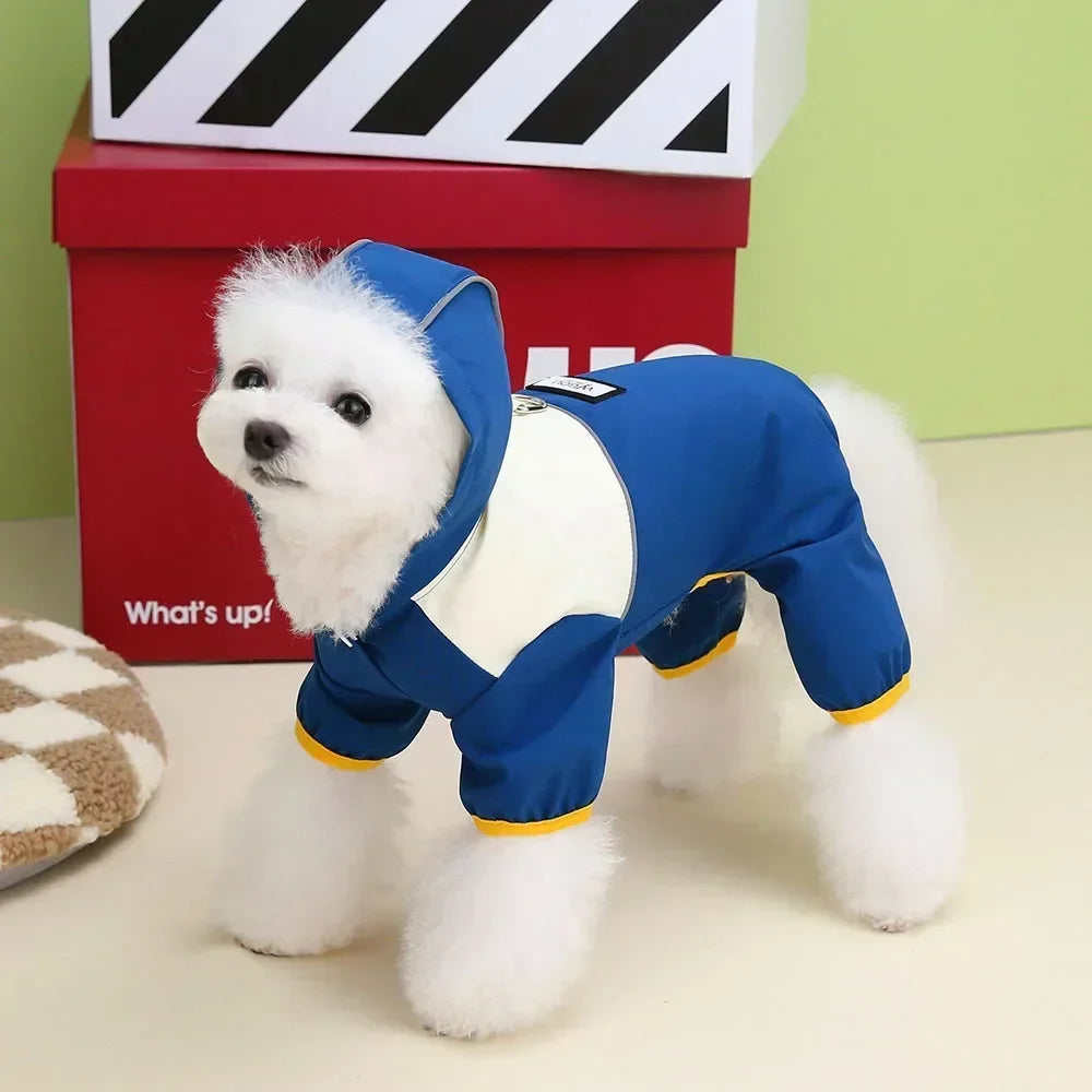 Waterproof Dog Jumpsuit with Hooded Four Legs Small Dog Raincoat Waterproof Puppy Clothes Reflective Doggy Rain Coat Pet Costume