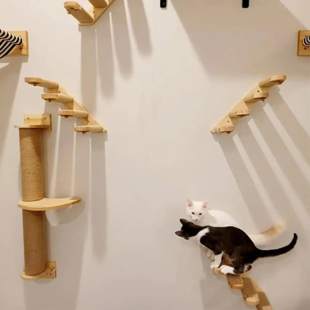 Solid Wood Wall-mounted Cat Climbing Frame Set with Cat Sleeping Nest Cat Tree and Wall Hanging Climbing Column for Kitten