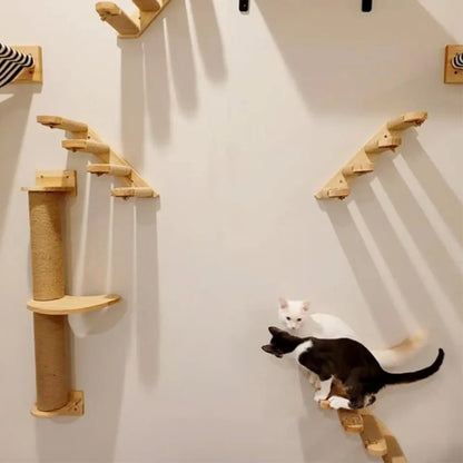 Solid Wood Wall-mounted Cat Climbing Frame Set with Cat Sleeping Nest Cat Tree and Wall Hanging Climbing Column for Kitten