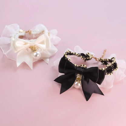 Romantic Summer Dog Collar Bow Tie Pearl Lace Party Cat Necklace for Small Puppy Luxury Designer Chihuahua Pet Neck Accessories
