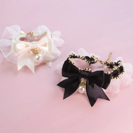 Romantic Summer Dog Collar Bow Tie Pearl Lace Party Cat Necklace for Small Puppy Luxury Designer Chihuahua Pet Neck Accessories
