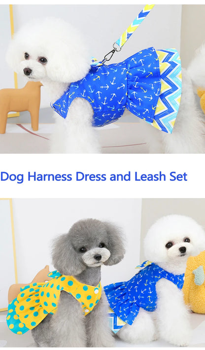 Luxury Bowknot Dog Dress for Small Dogs Summer Yorkie Chihuahua Girl Puppy Dog Clothes Princess Harness Dress and Leash Set