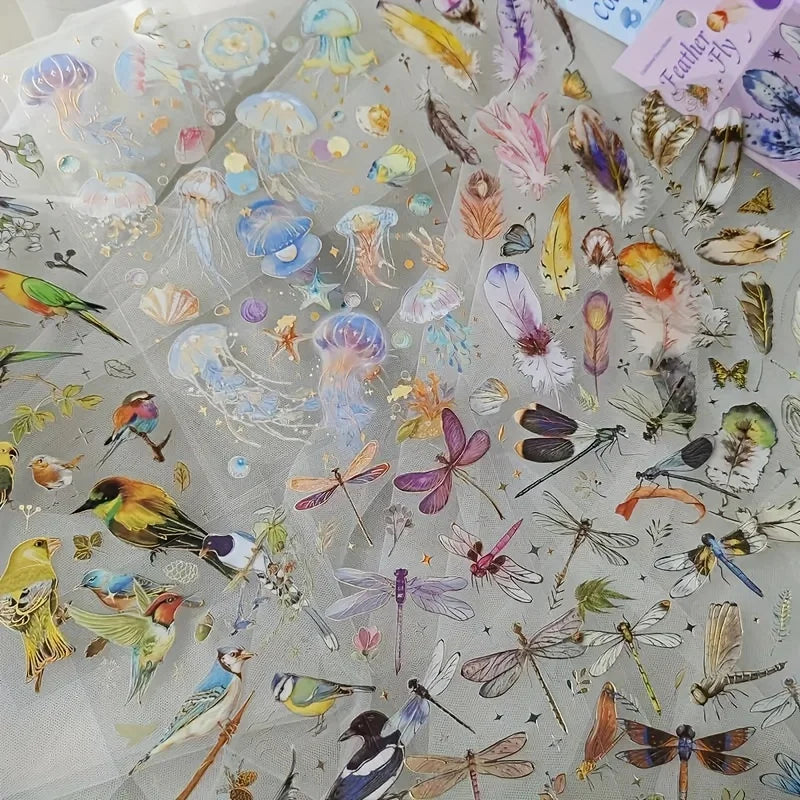 Shimmering 3D Gilding Sticker Set - Dragonfly, Jellyfish & Feather Designs - 3 Sheets/pack - Premium PET Decor for Notebooks, Sc